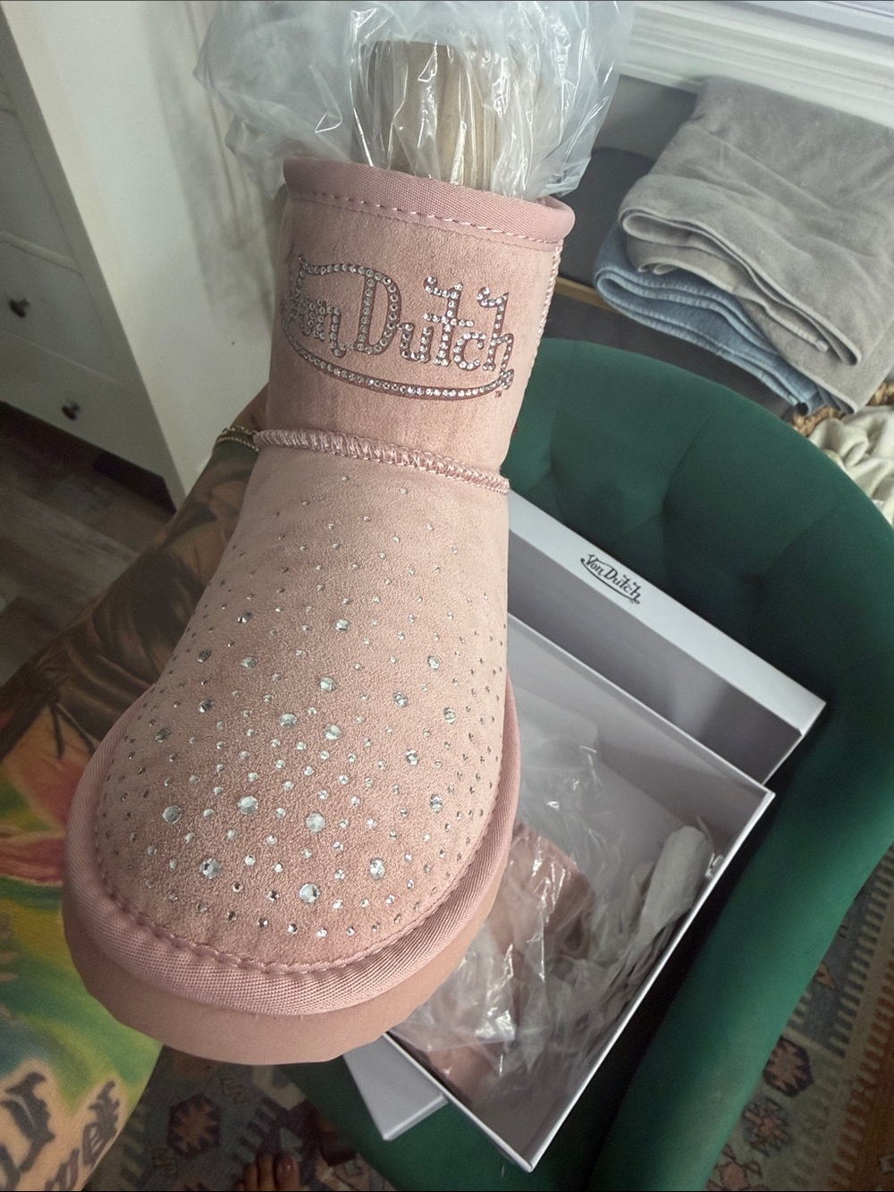 Von Dutch Pink Crystal Embellished Suede Slip-On Booties